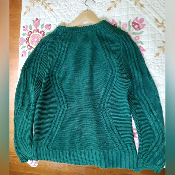Cable Knit Crew 100% Cotton Sweater, Size L, Hunter Green - Picture 3 of 4